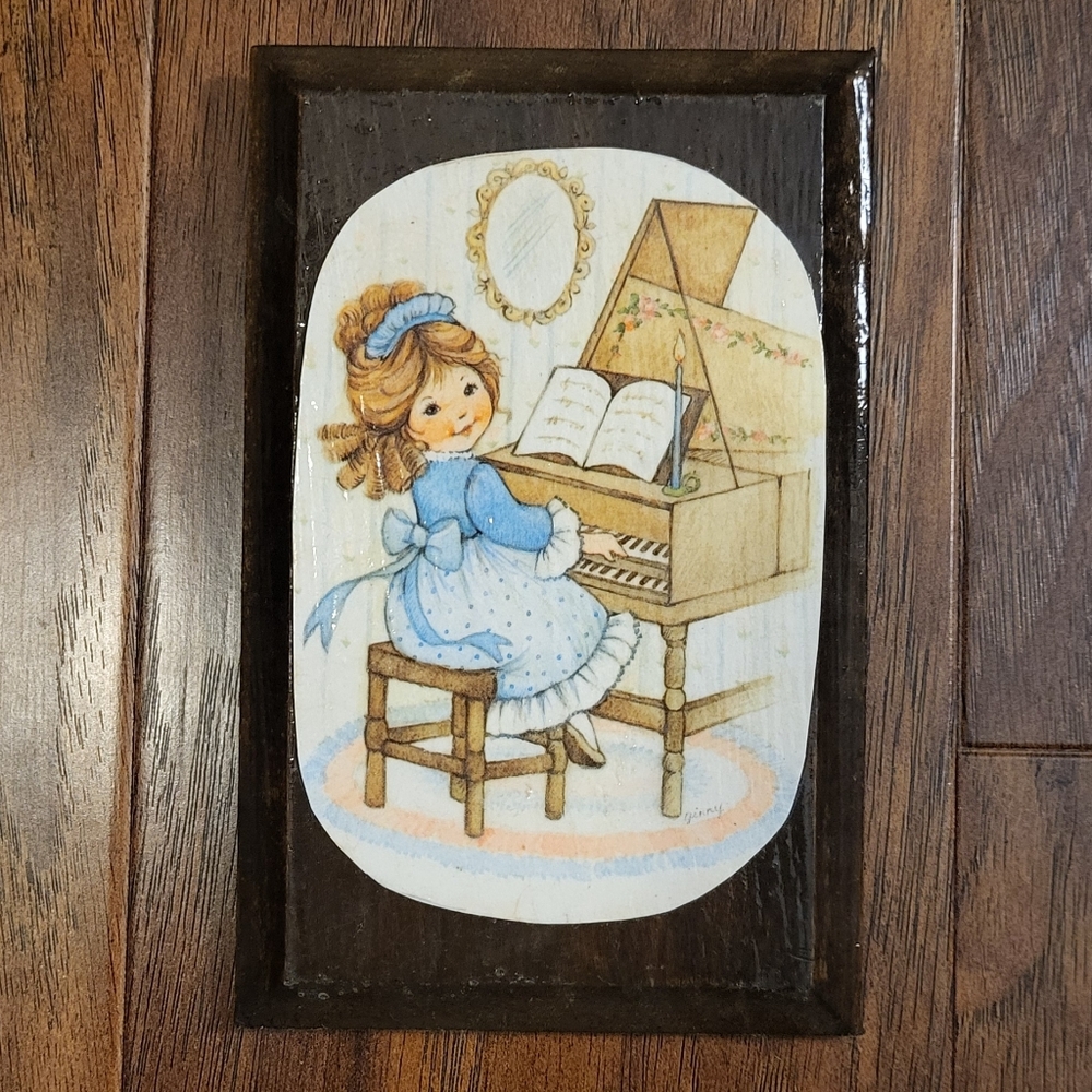 VTG 70s 80s Handmade Decoupage Wall Art Dark Wood Plaque Girl Playing Piano